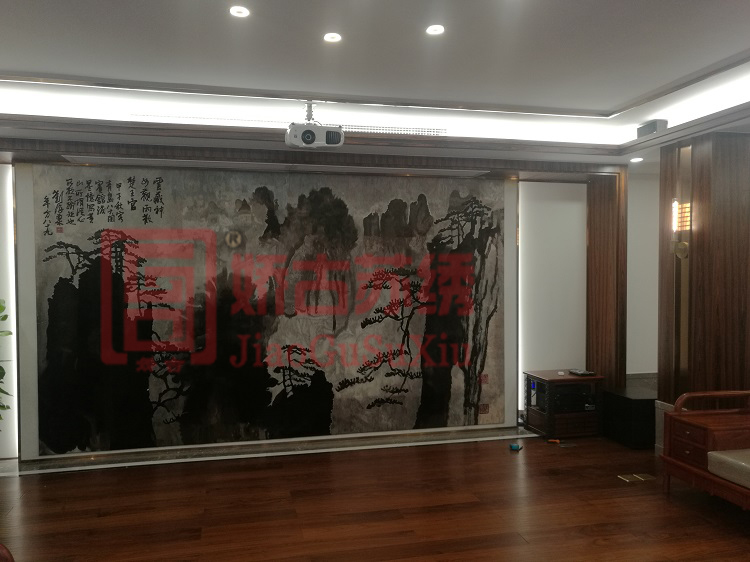 大型纯手工刺绣背景墙定制-某知名股份公司VIP会客厅苏绣定制